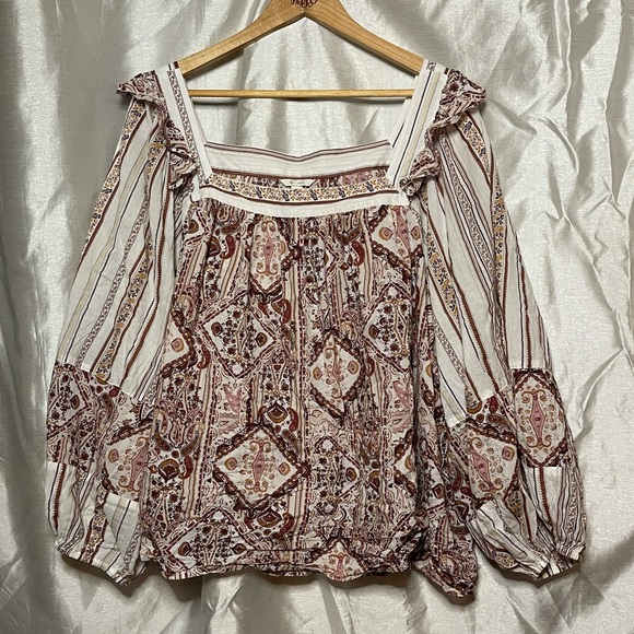 Plus Size Ruched Puff Ruffle Sleeve Boho Floral Paisley Blouse Top - Picture 2 of 10